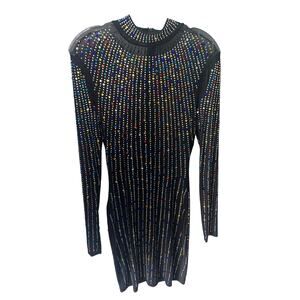 Banjul Rhinestone Mesh Mini Dress, Black, Long Sleeve, Party, S/XS